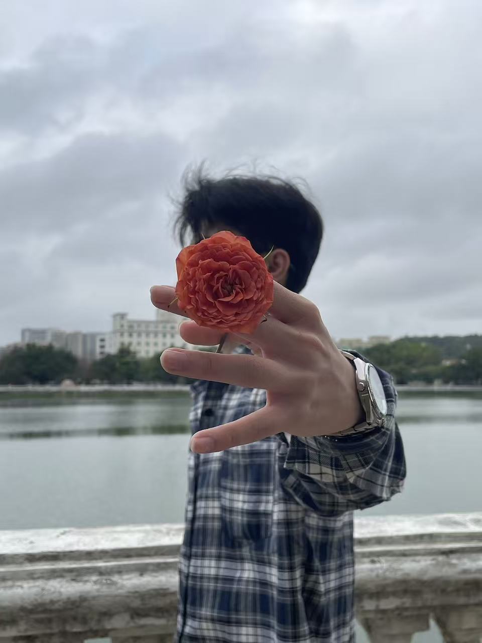 黄振宇把一朵橙红色花递向镜头